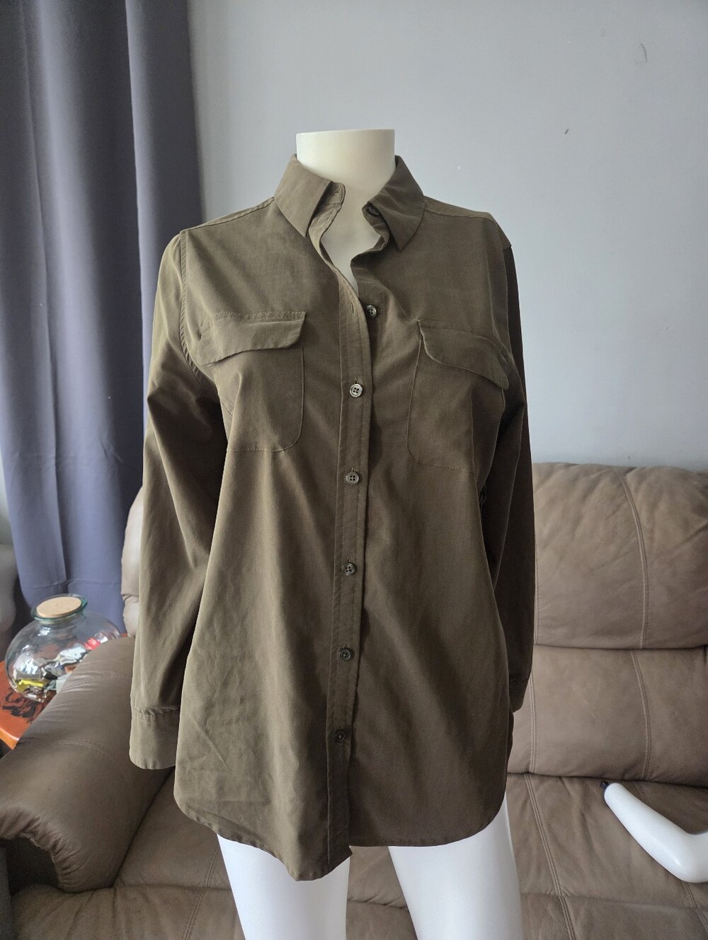 Chico's Olive-Taupe Button-Front Utility Shirt, Size 4-6
